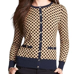Ann Taylor | Women's Tan and Black Polka Dot Cardigan Sweater (Size Medium)